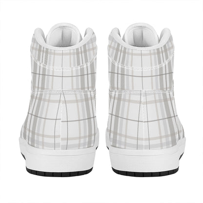 White And Grey Plaid Pattern Print High Top Leather Sneakers