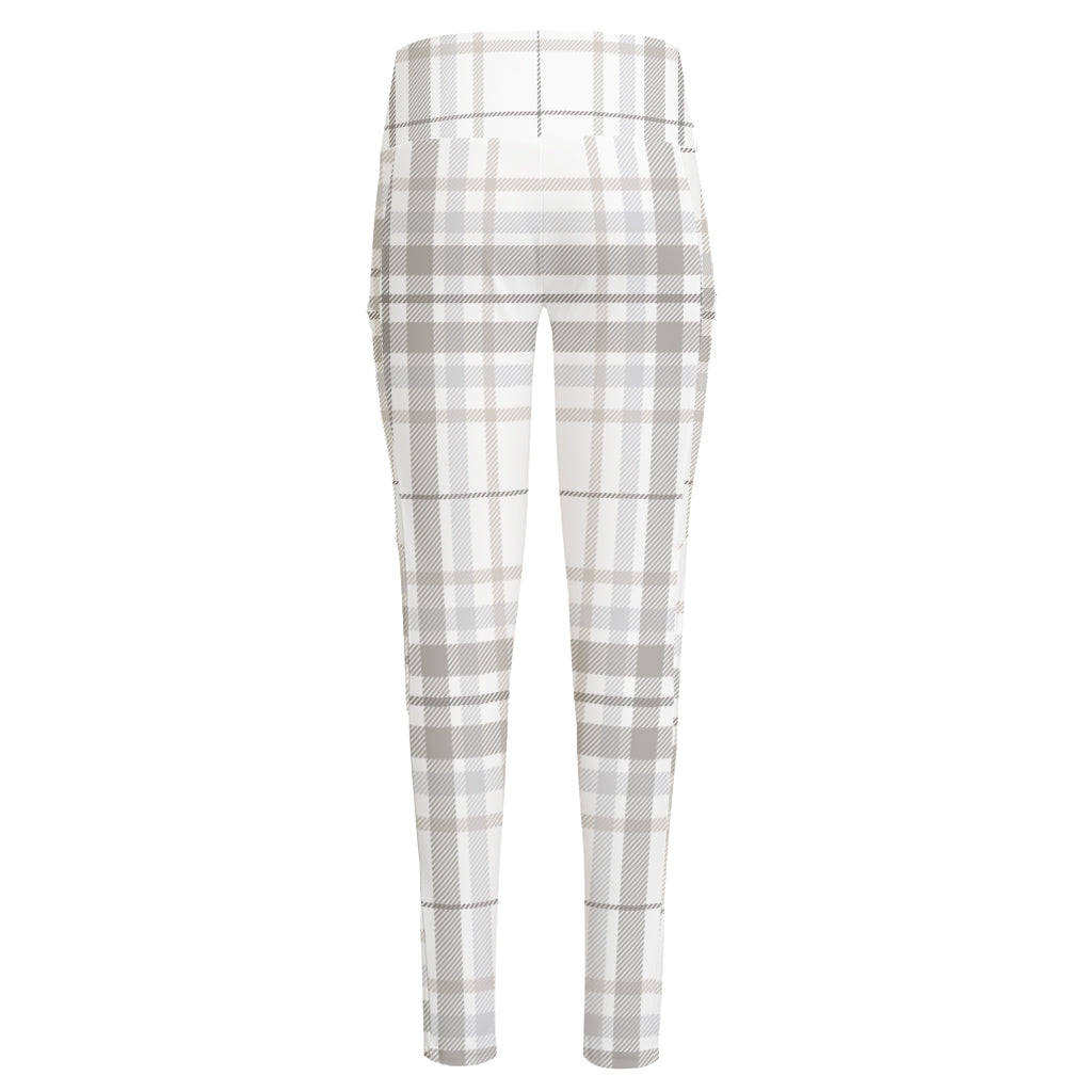 White And Grey Plaid Pattern Print High-Waisted Pocket Leggings
