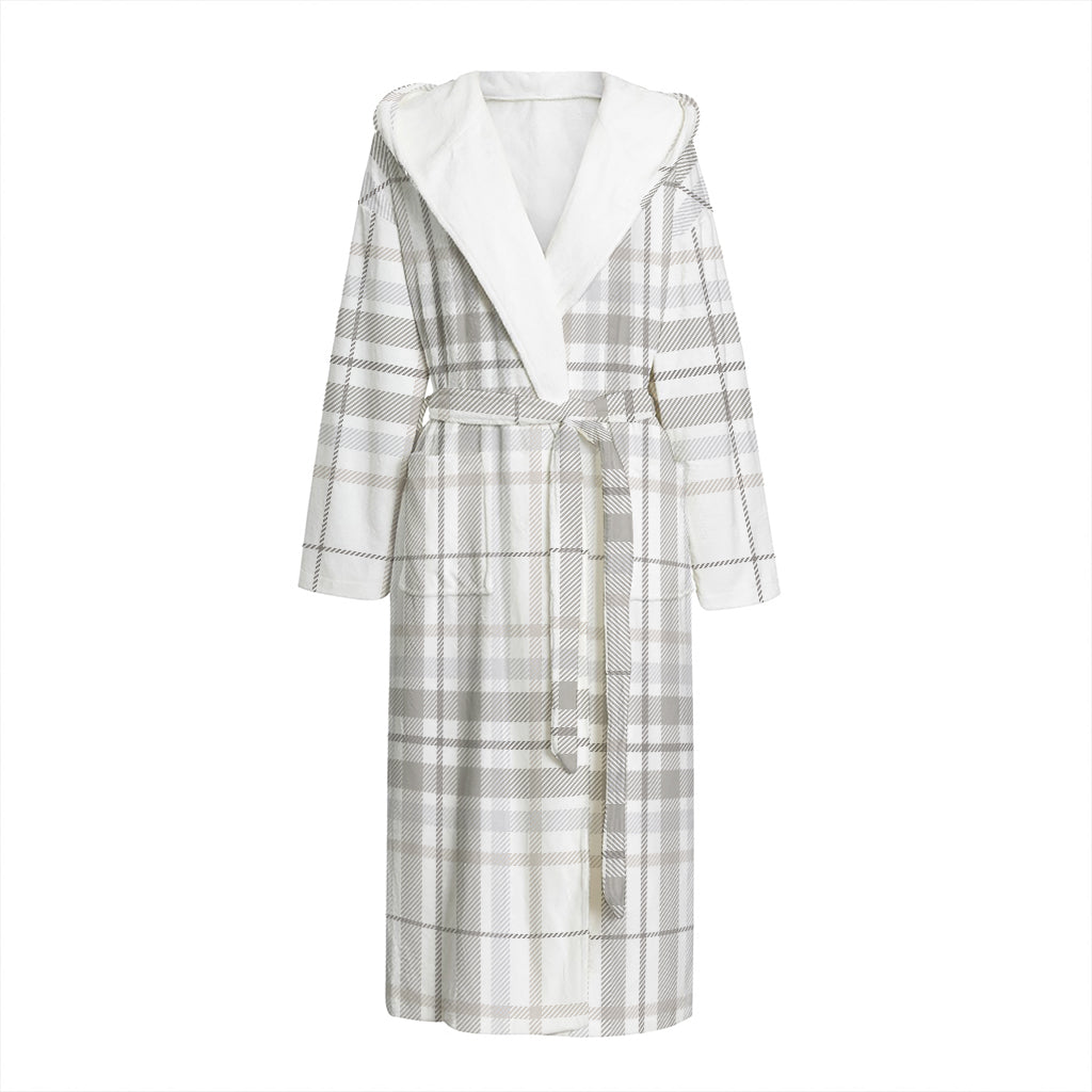 White And Grey Plaid Pattern Print Hooded Bathrobe