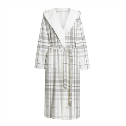 White And Grey Plaid Pattern Print Hooded Bathrobe