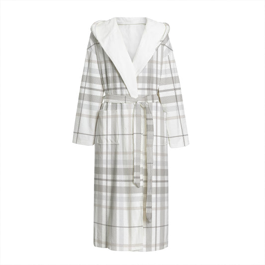 White And Grey Plaid Pattern Print Hooded Bathrobe