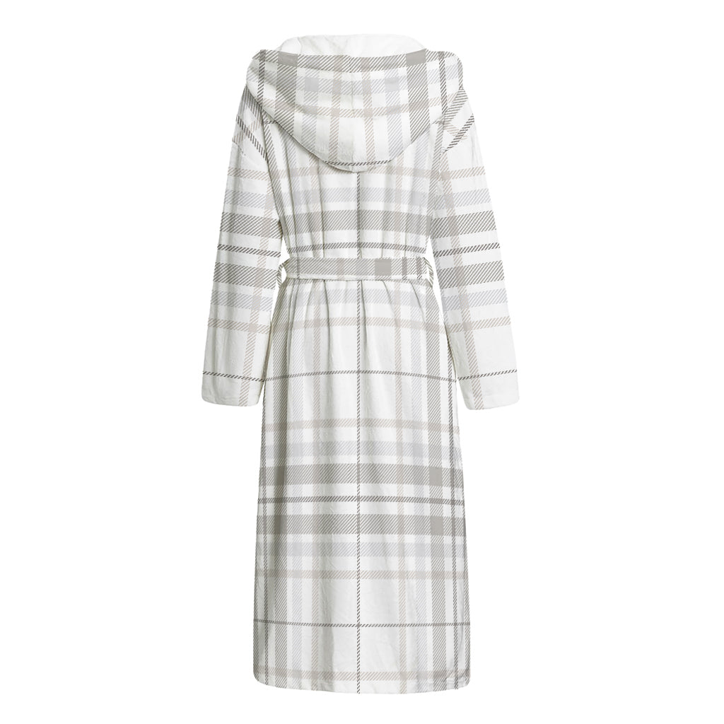White And Grey Plaid Pattern Print Hooded Bathrobe
