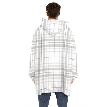 White And Grey Plaid Pattern Print Hoodie Blanket