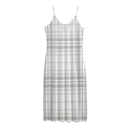White And Grey Plaid Pattern Print Jersey Midi Cami Dress