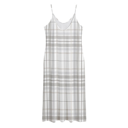 White And Grey Plaid Pattern Print Jersey Midi Cami Dress