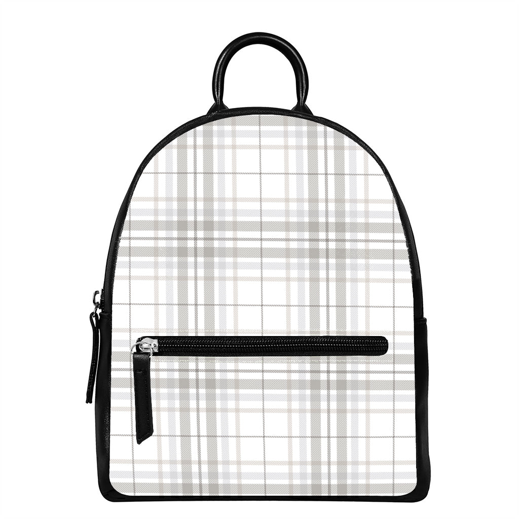 White And Grey Plaid Pattern Print Leather Backpack