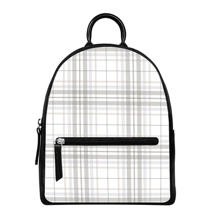 White And Grey Plaid Pattern Print Leather Backpack