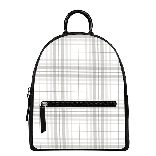 White And Grey Plaid Pattern Print Leather Backpack