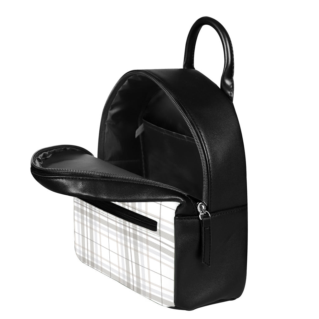 White And Grey Plaid Pattern Print Leather Backpack