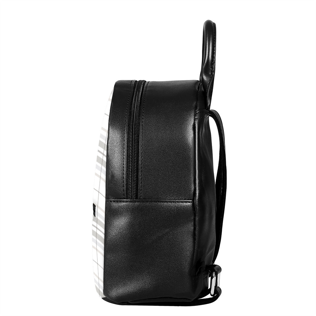 White And Grey Plaid Pattern Print Leather Backpack