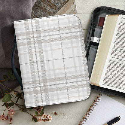 White And Grey Plaid Pattern Print Leather Bible Cover