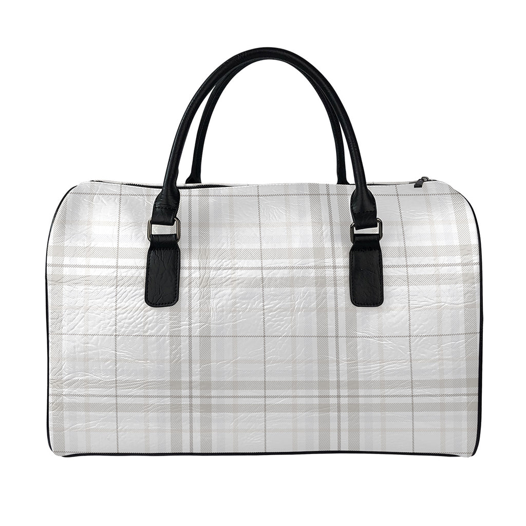 White And Grey Plaid Pattern Print Leather Duffle Bag
