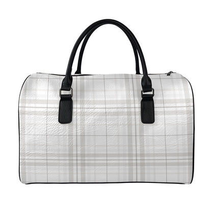 White And Grey Plaid Pattern Print Leather Duffle Bag
