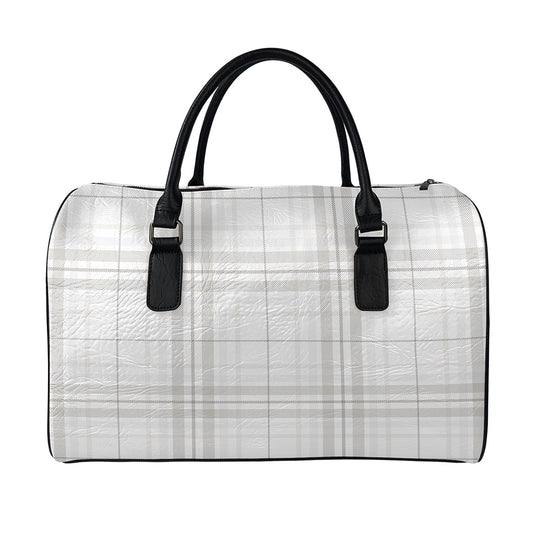 White And Grey Plaid Pattern Print Leather Duffle Bag