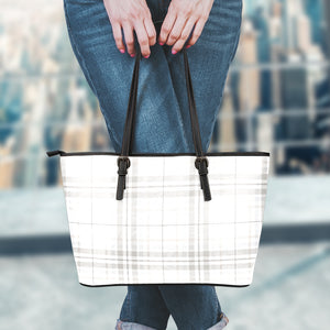 White And Grey Plaid Pattern Print Leather Tote Bag