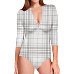 White And Grey Plaid Pattern Print Long Sleeve Swimsuit
