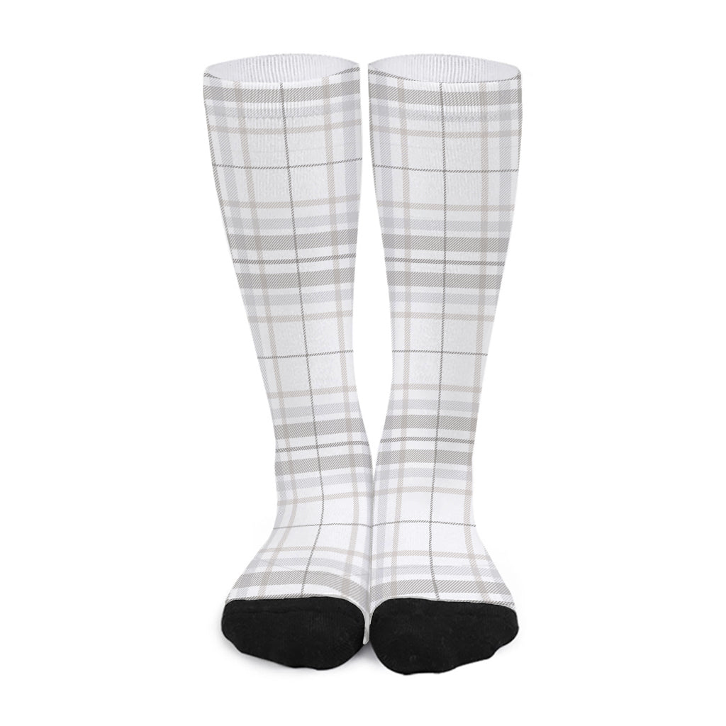 White And Grey Plaid Pattern Print Long Socks
