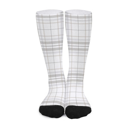 White And Grey Plaid Pattern Print Long Socks