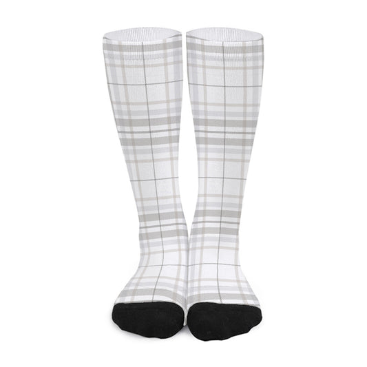 White And Grey Plaid Pattern Print Long Socks