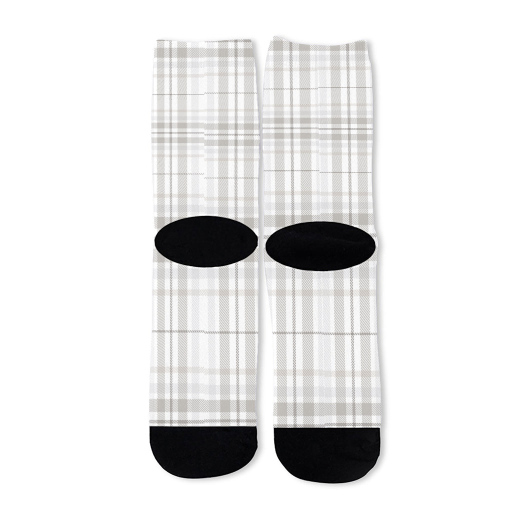 White And Grey Plaid Pattern Print Long Socks