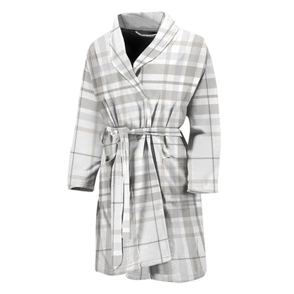 White And Grey Plaid Pattern Print Men's Bathrobe