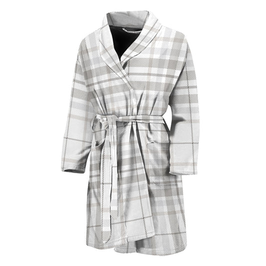 White And Grey Plaid Pattern Print Men's Bathrobe
