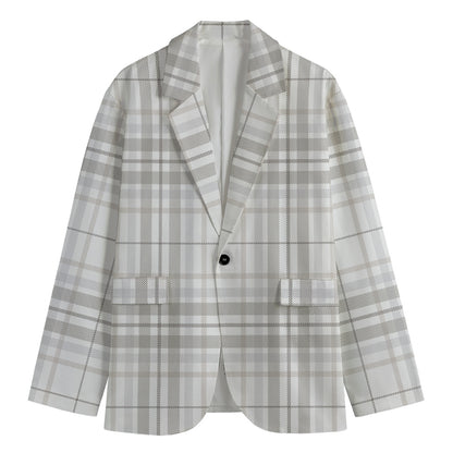 White And Grey Plaid Pattern Print Men's Blazer