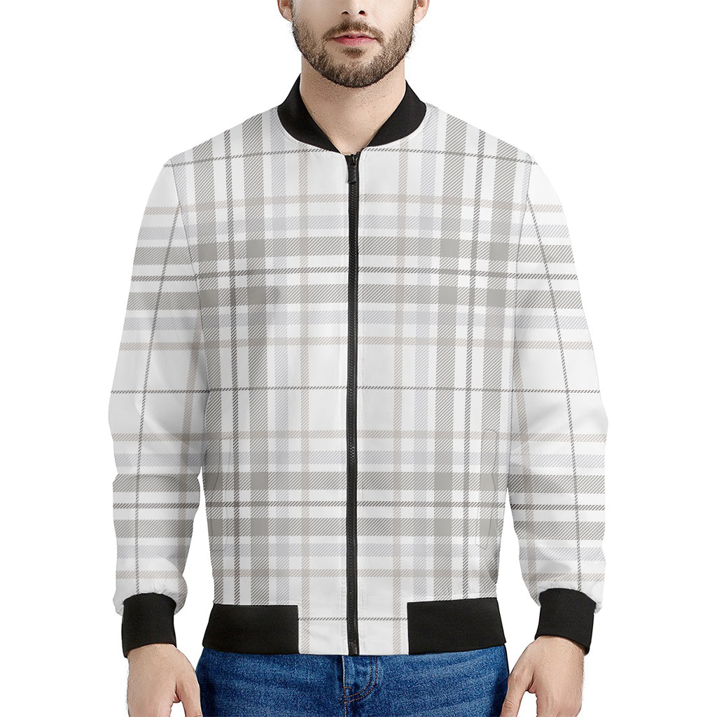 White And Grey Plaid Pattern Print Men's Bomber Jacket