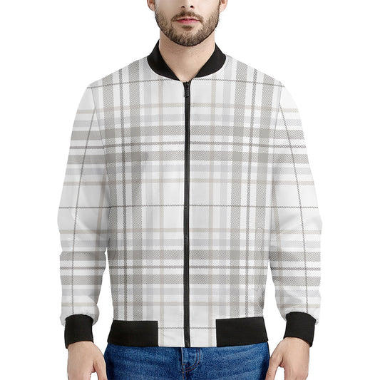 White And Grey Plaid Pattern Print Men's Bomber Jacket