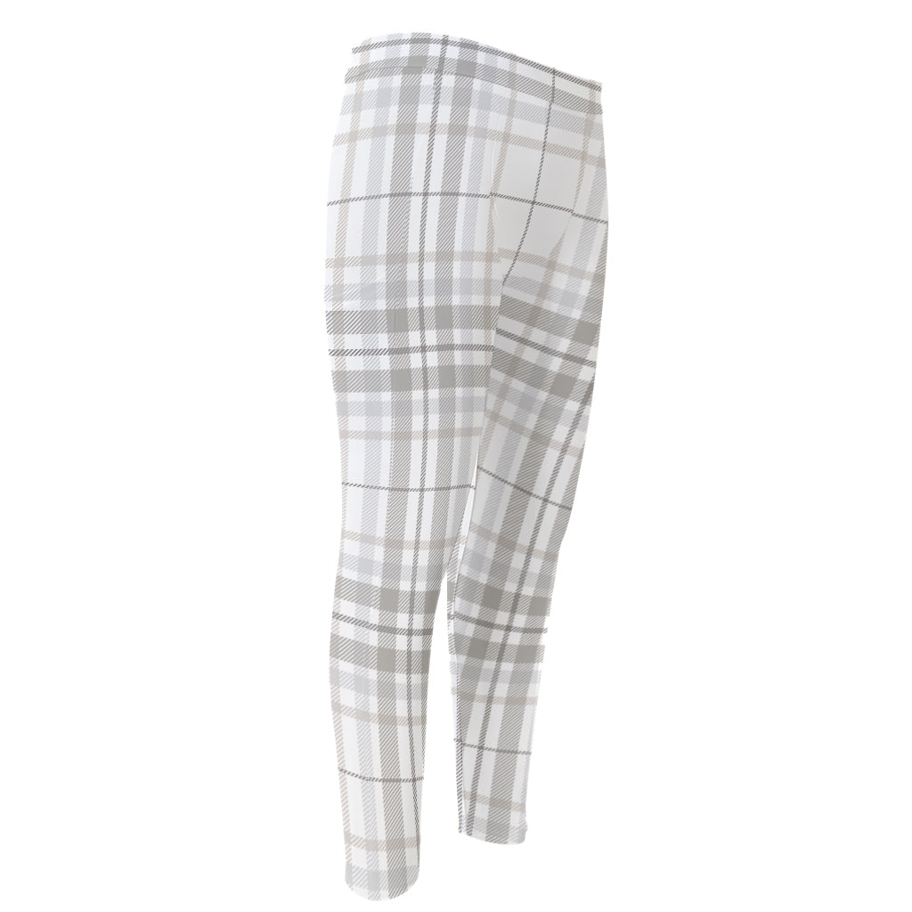 White And Grey Plaid Pattern Print Men's Compression Pants