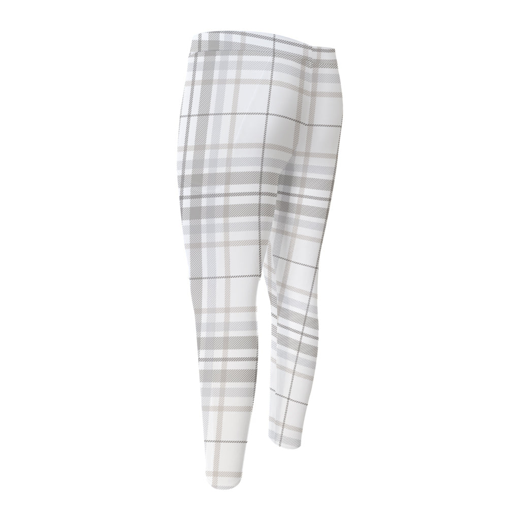 White And Grey Plaid Pattern Print Men's Compression Pants