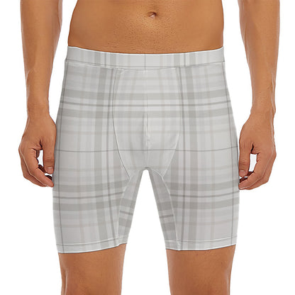 White And Grey Plaid Pattern Print Men's Long Boxer Briefs