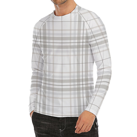 White And Grey Plaid Pattern Print Men's Long Sleeve Rash Guard