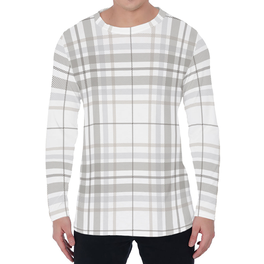 White And Grey Plaid Pattern Print Men's Long Sleeve T-Shirt