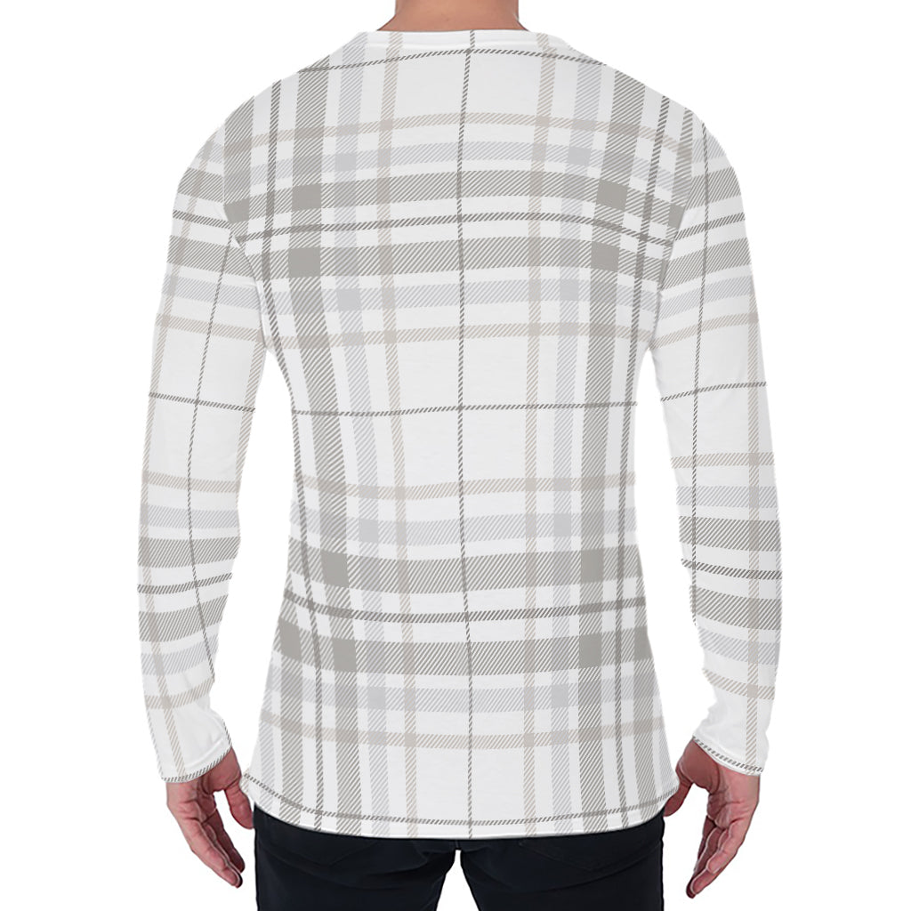 White And Grey Plaid Pattern Print Men's Long Sleeve T-Shirt