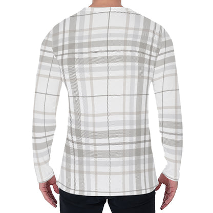 White And Grey Plaid Pattern Print Men's Long Sleeve T-Shirt
