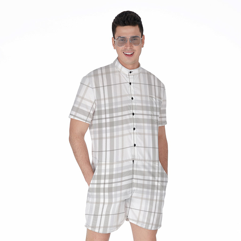 White And Grey Plaid Pattern Print Men's Rompers