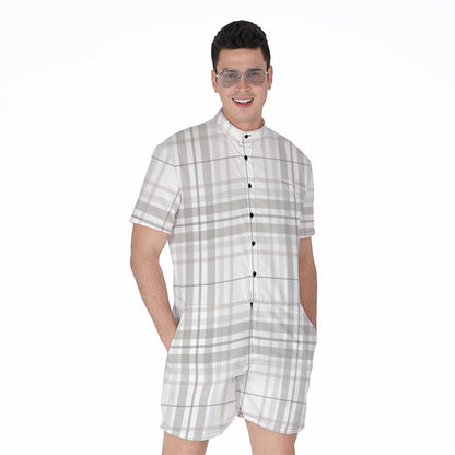 White And Grey Plaid Pattern Print Men's Rompers