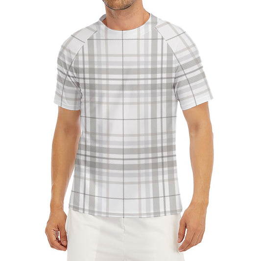 White And Grey Plaid Pattern Print Men's Short Sleeve Rash Guard