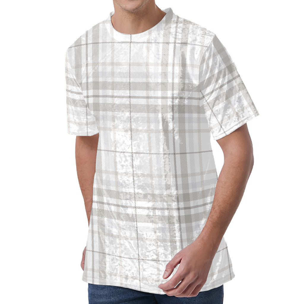 White And Grey Plaid Pattern Print Men's Velvet T-Shirt