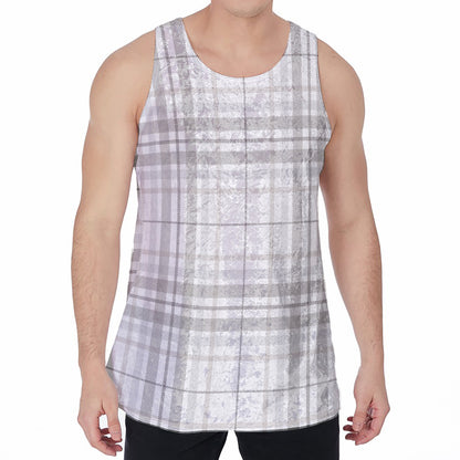 White And Grey Plaid Pattern Print Men's Velvet Tank Top