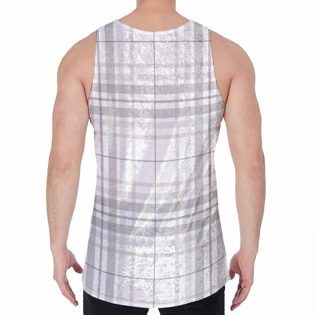 White And Grey Plaid Pattern Print Men's Velvet Tank Top