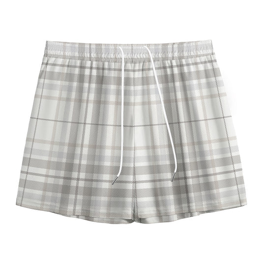 White And Grey Plaid Pattern Print Mesh Shorts
