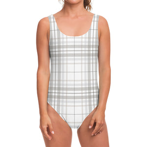 White And Grey Plaid Pattern Print One Piece Swimsuit