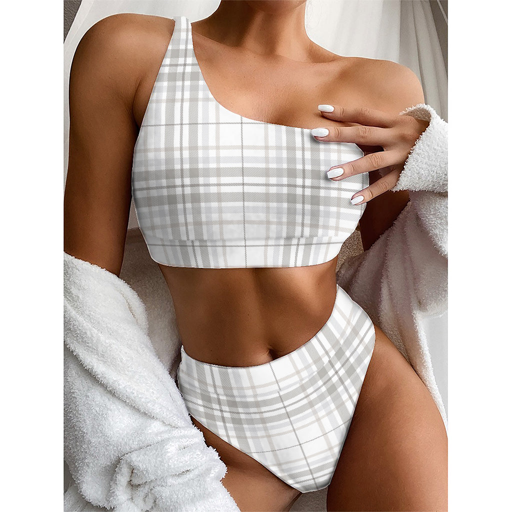 White And Grey Plaid Pattern Print One Shoulder Bikini Top