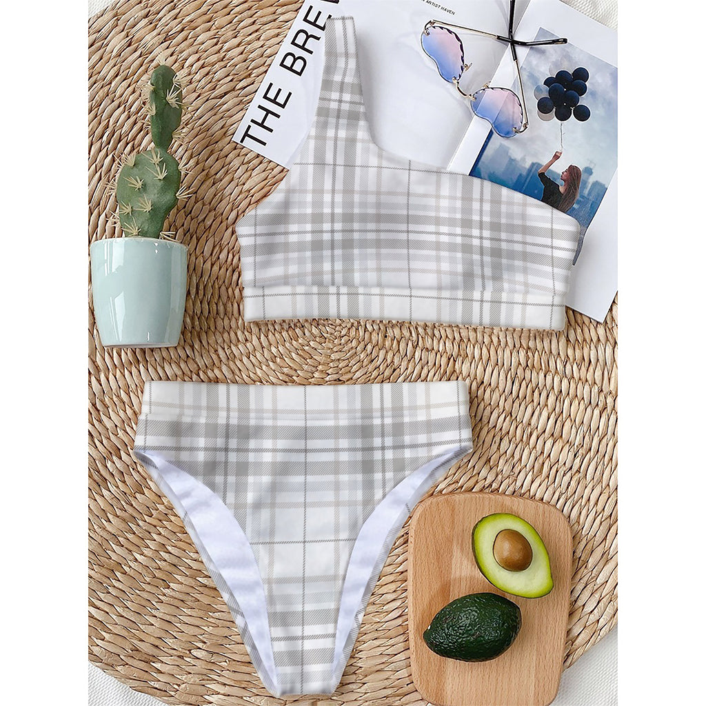 White And Grey Plaid Pattern Print One Shoulder Bikini Top