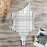 White And Grey Plaid Pattern Print One Shoulder Bodysuit