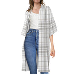 White And Grey Plaid Pattern Print Open Front Beach Cover Up
