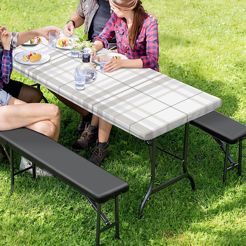 White And Grey Plaid Pattern Print Picnic Table Cover