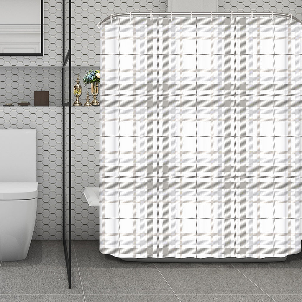 White And Grey Plaid Pattern Print Polyester Shower Curtain